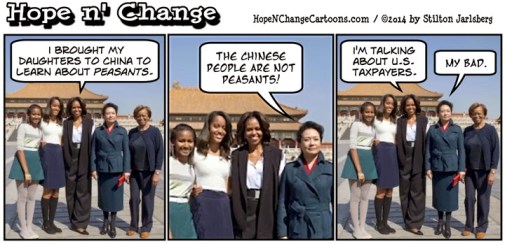 obama, obama jokes, cartoon, michelle, china, vacation, stilton jarlsberg, hope n' change, hope and change, conservative, tea party