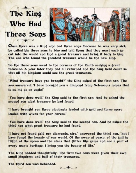 King, princes, fable, moral, treasure, sinister tales,
        Pa